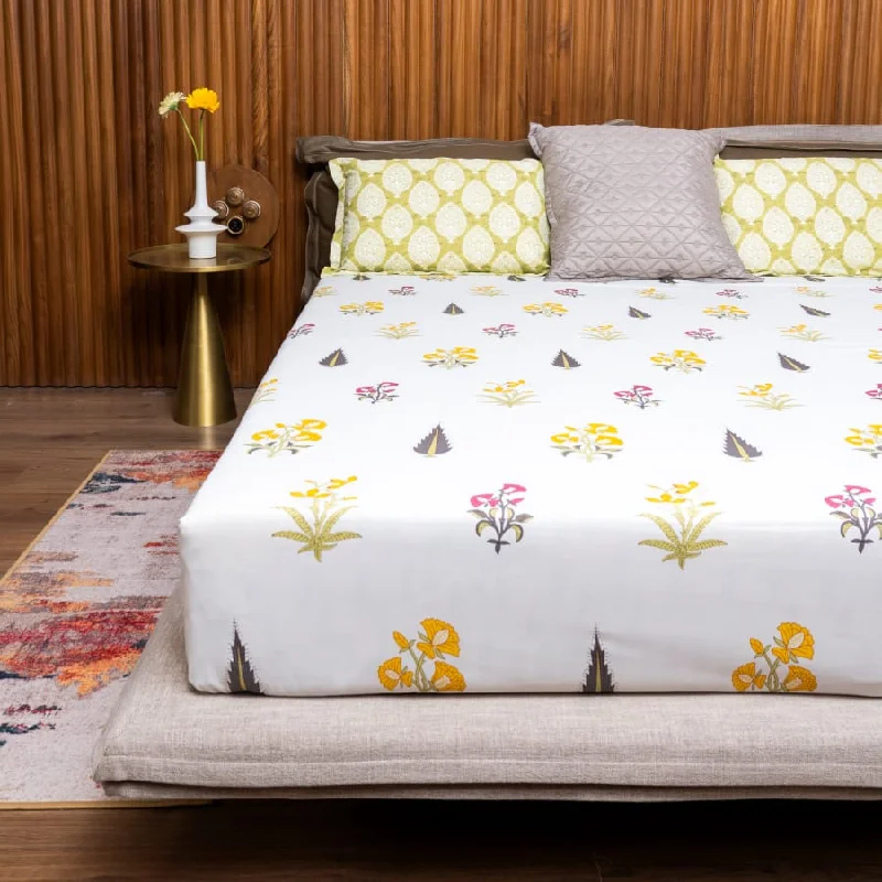 220 TC 100% Cotton printed double bedsheet - High Garden Yellow