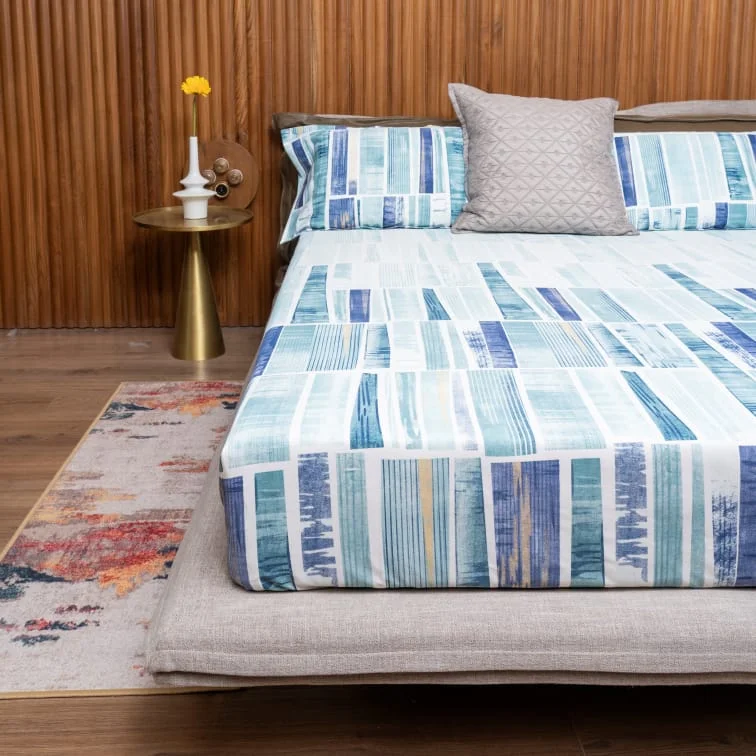 220 TC 100% Cotton printed double bedsheet - Skyscrapper Blue