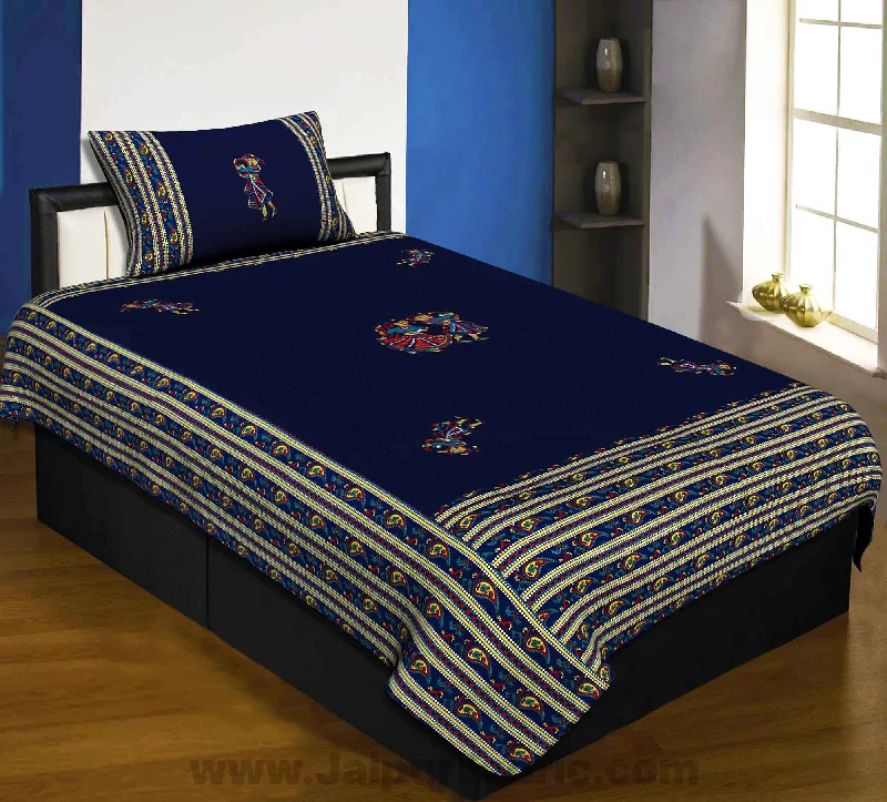 Applique Blue Chang Dance Jaipuri  Hand Made Embroidery Patch Work Single Bedsheet