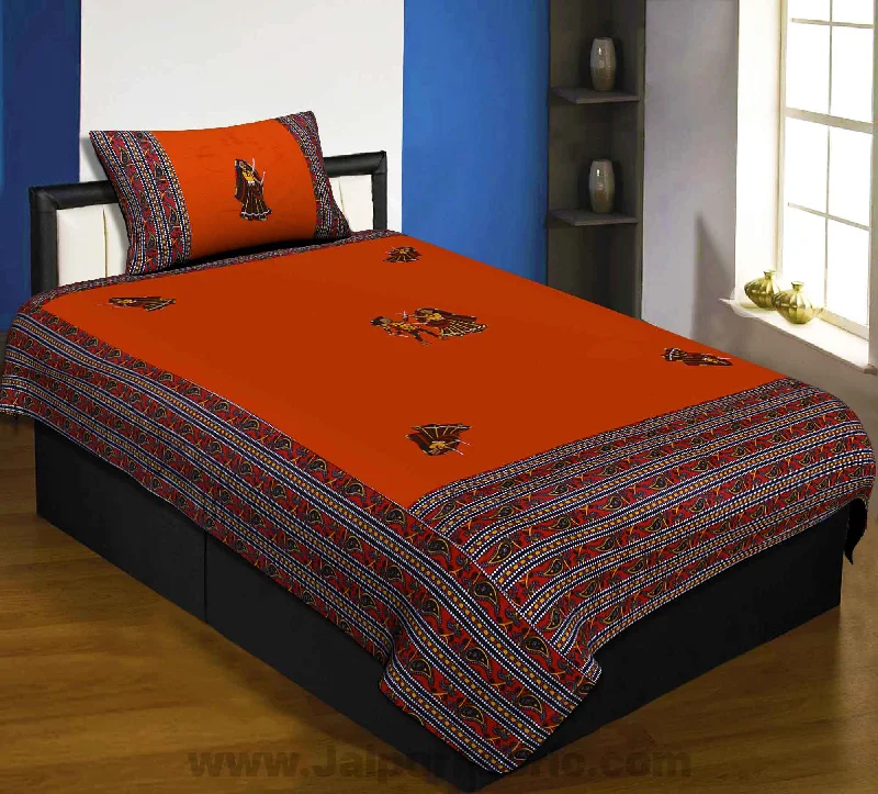 Applique Orange Dandiya Jaipuri  Hand Made Embroidery Patch Work Single Bedsheet