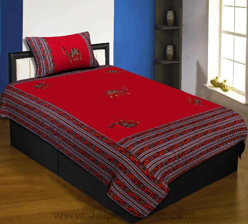 Applique Red Camel Jaipuri  Hand Made Embroidery Patch Work Single Bedsheet