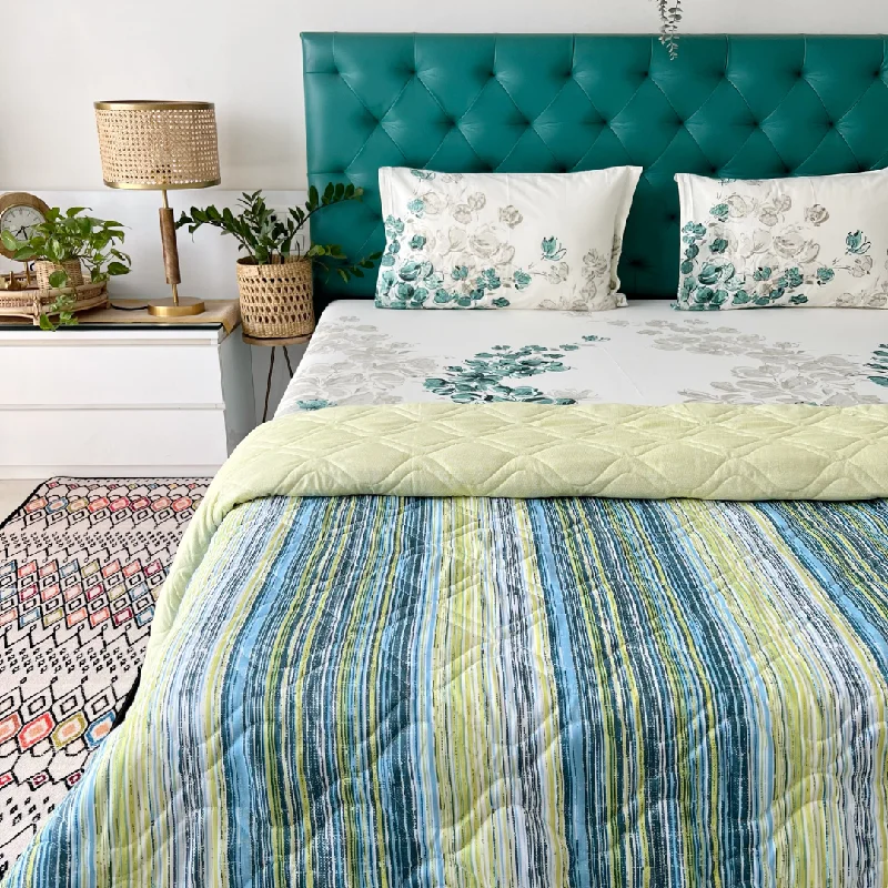 Cotton Bedsheet + AC Blanket Combo Pack - (Combo 16 - Majestic Aqua Green and Grey + London)