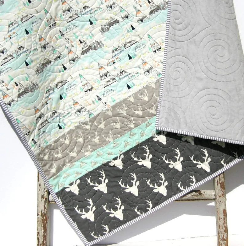 Baby Quilts Handmade, Personalized Gifts, Woodland Boy Nursery Decor, Toddler Blanket, Grey Deer Minky, Teepee Light Blue Aqua, Buck Stag