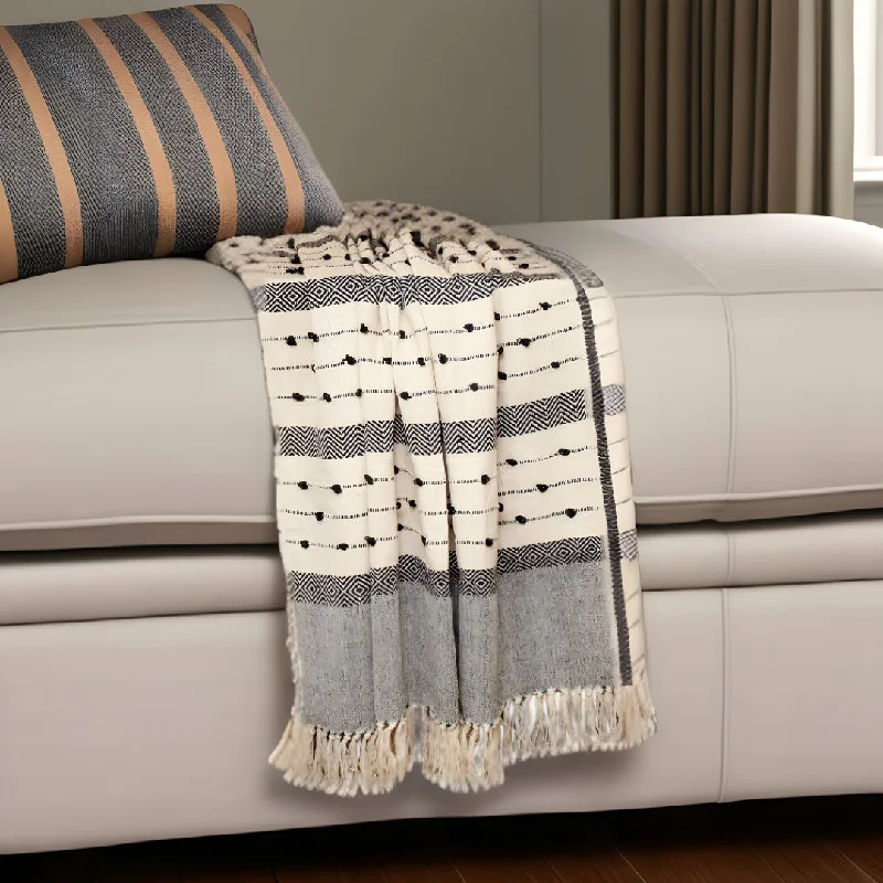 Beige And Black Woven Wool Solid Color Reversable Throw