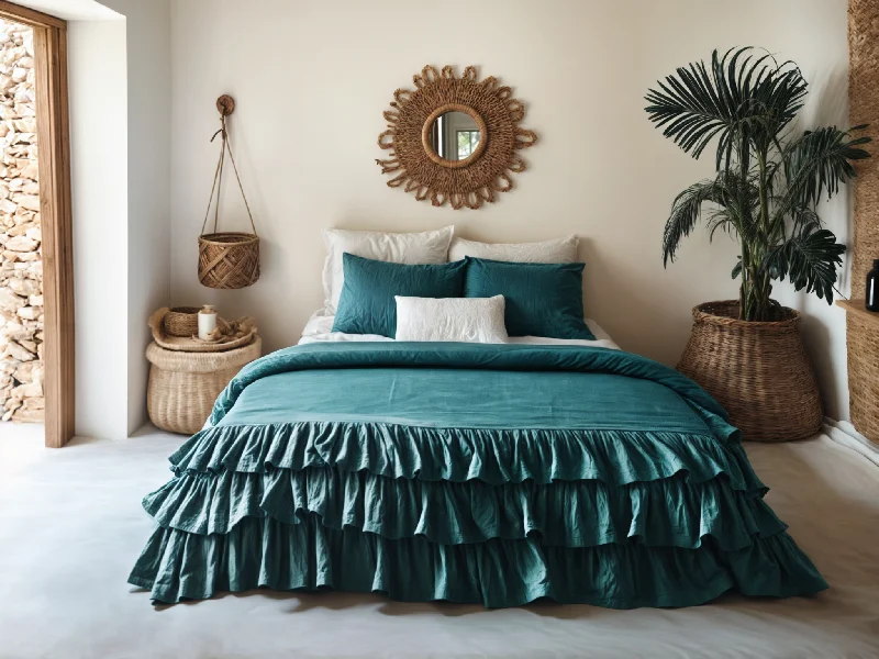 Teal linen triple ruffled duvet cover