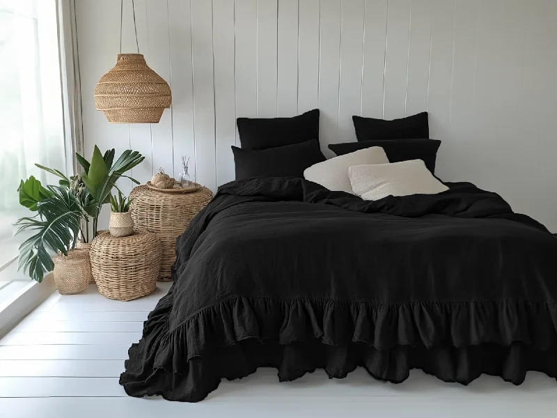 Black linen triple ruffled duvet cover