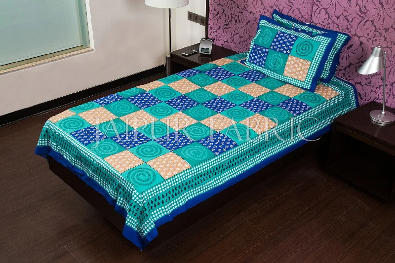 Blue Base Cyan Rangoli Print Cotton Single Bed Sheet