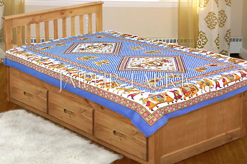 Blue Base Jaipur doli design with elephant Print Single Bedsheet