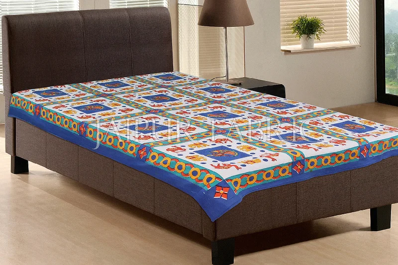 Blue Base Yellow elephant Orange Camel Block print  Single Bed Sheet