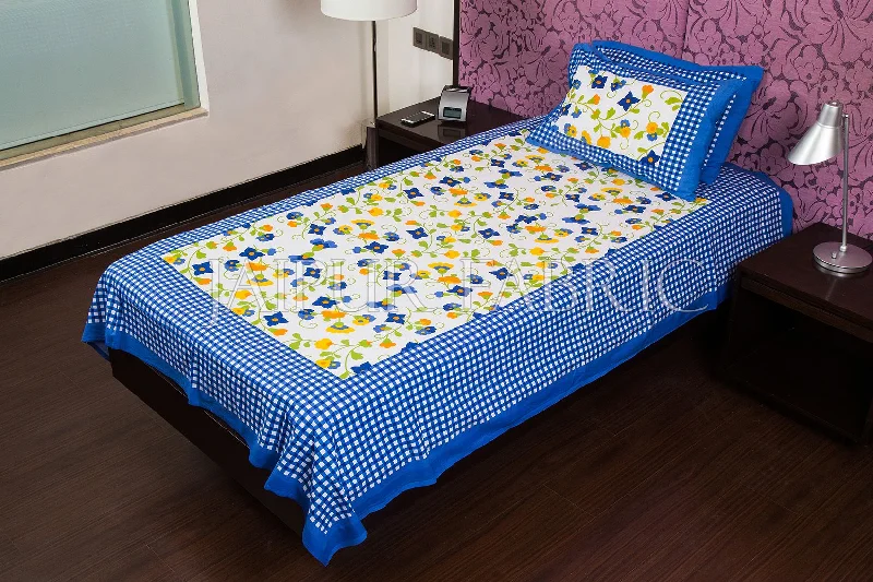 Blue Checks White Base Floral Print Single Cotton Bed sheet