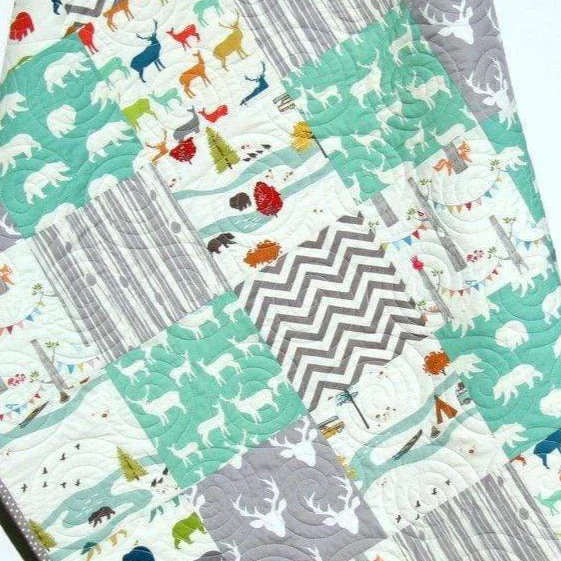 Buck Baby Bedding, Boy Deer Quilt, Mint Baby Quilt, Gray, Deer Baby Bedding, Toddler, Gray Deer Quilt, Chevron, Antler Baby Blanket, Gifts