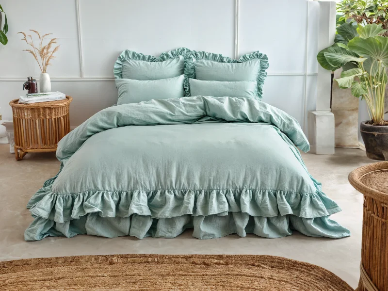 Sea glass linen triple ruffled duvet cover