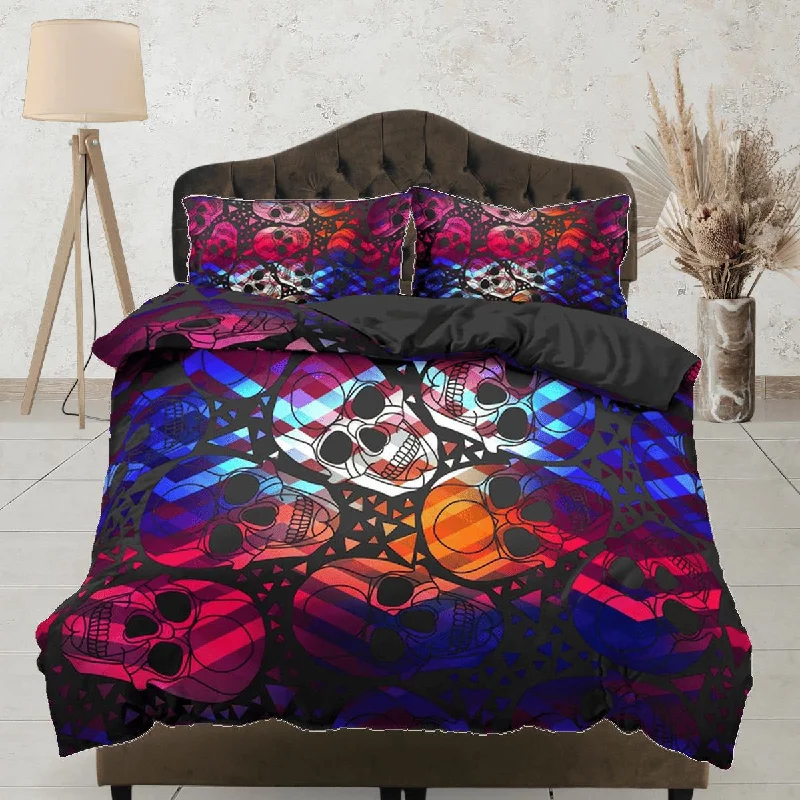 Colorful Skulls Black Duvet Cover Set Bedspread, Dorm Bedding with Pillowcase