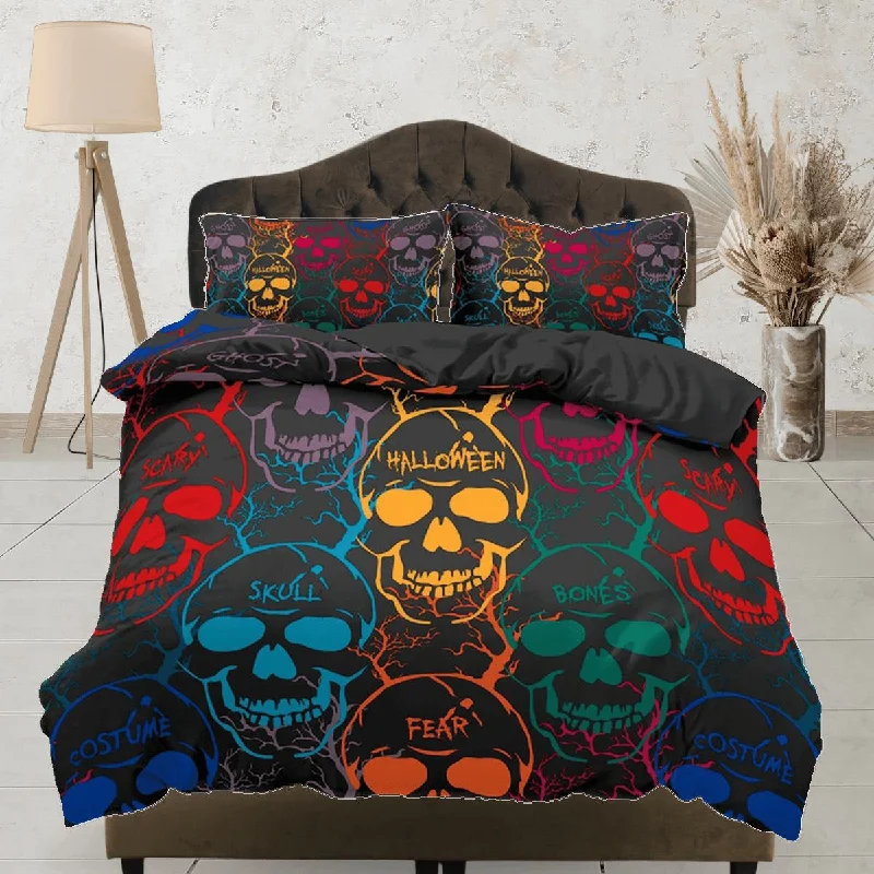 Colorful Skulls Black Duvet Cover Set Bedspread, Dorm Bedding with Pillowcase