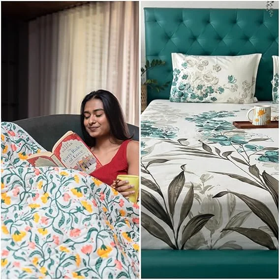 Cotton Bedsheet + AC Blanket Combo Pack - (Combo 27 - Kashmir+ Majestic Aqua bedsheet)