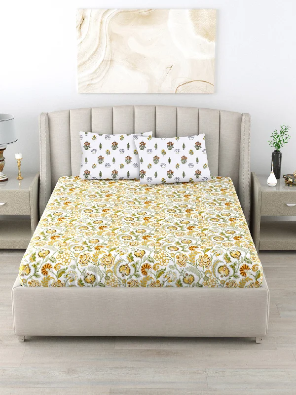 220 TC 100% Cotton Printed Bedsheet with Pillow Covers - Creeper Mustard