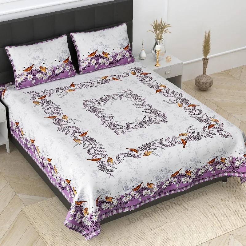 Daisy Flower Birds Print Purple King Size Bedsheet