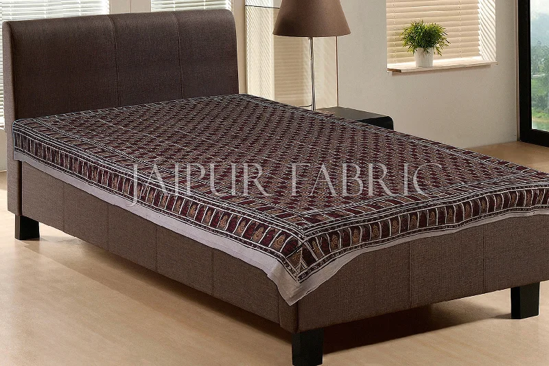 Dark Brown Square Hand Block Print with Grey Base Single Cotton bedSheet