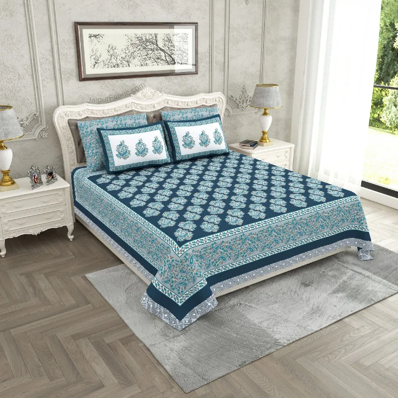 Ethnic Glow Blue Cotton King Size Bedsheet