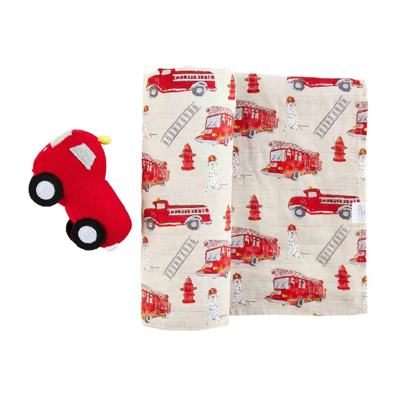 Fire Truck Swaddle Blanket & Rattle In Beige/red