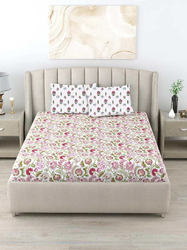 Fitted King Size Cotton Bedsheet - Creeper Pink