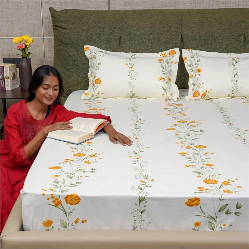 Fitted King Size Cotton Bedsheet - Veil Bloom- Yellow