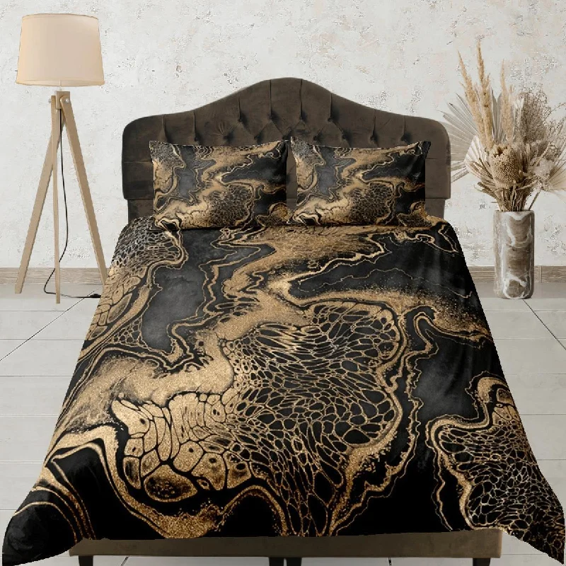 Gold Marble Swirl Black Duvet Cover Set Colorful Bedspread, Dorm Bedding & Pillowcase, King Duvet Cover Full, Comforter Queen