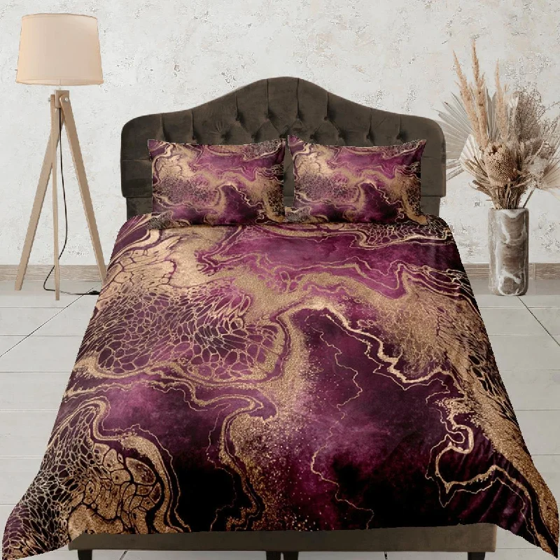 Gold Marble Swirl Violet Duvet Cover Set Colorful Bedspread, Dorm Bedding & Pillowcase, King Duvet Cover Full, Comforter Queen