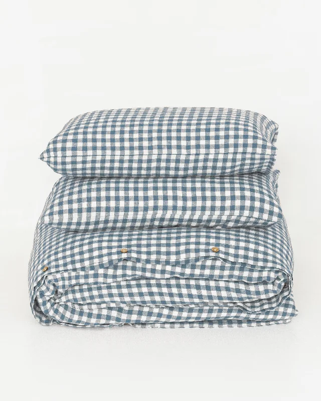 Gray blue gingham linen duvet cover set (3 pcs)