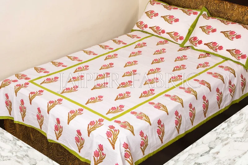 Green Border White Base Pink Flower Handmade Block Print Single Bed Sheet with Two Pillow Covers