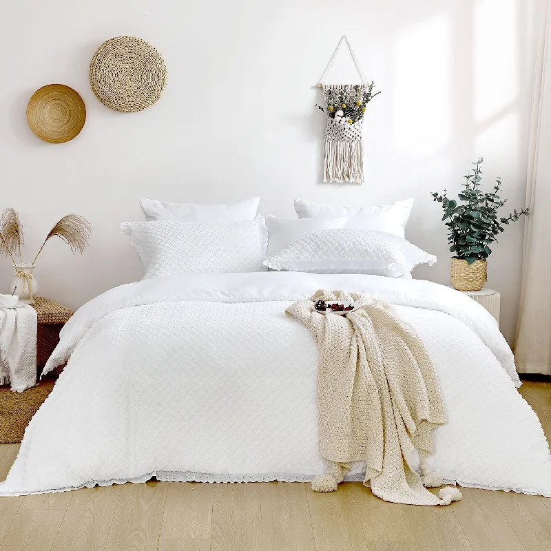 High-density Microfiber 3 PCS Duvet Cover Set - White Lace Ruffle