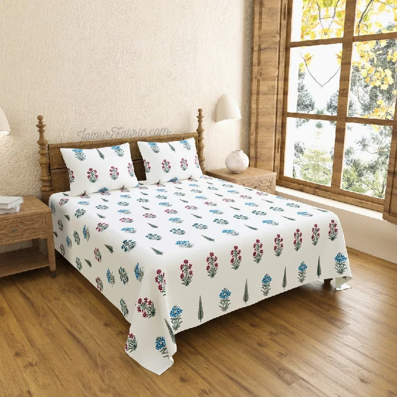 India Blocks of Red Blue Flowers Grey Leaves King Size Block Printed Bedsheet