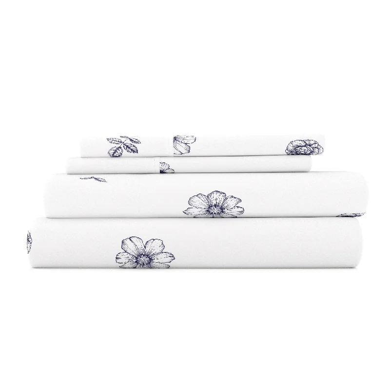 Indigo Flowers Pattern 4-Piece Sheet Set