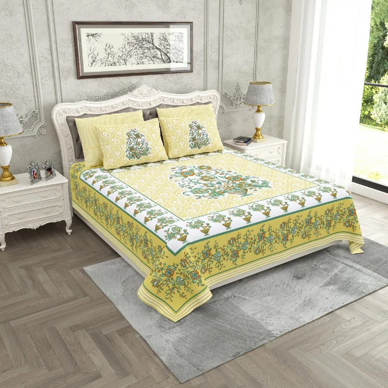 Jaipuri Gamla Lemon Yellow Cotton King Size Bedsheet