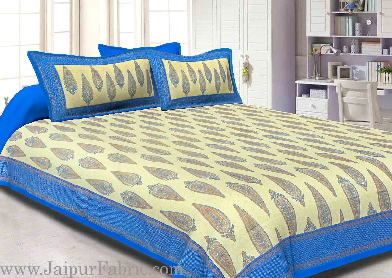 king size bedsheet blue border golden paisley print with two pillow cover