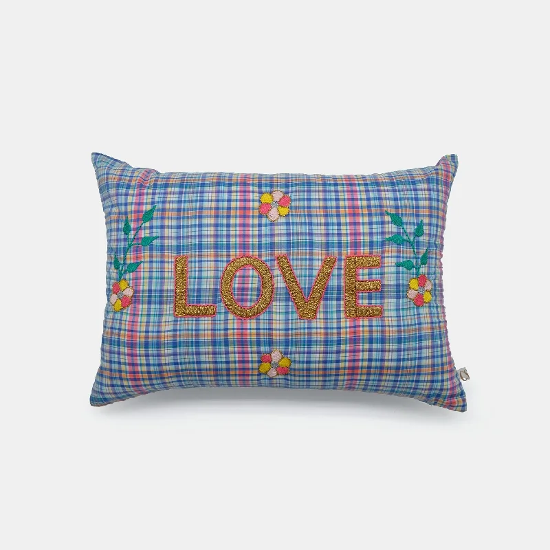 Love Plaid French Embroidered Lumbar Pillow