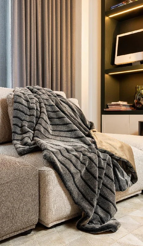 Luxe Gray Stripe Faux Fur Blanket