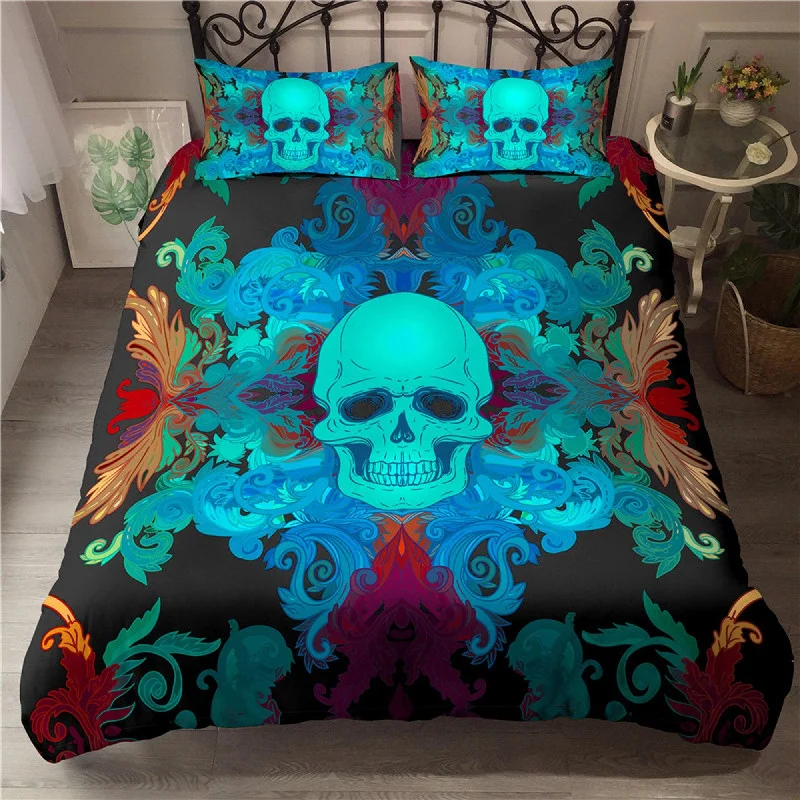 Neon Skull Black Duvet Cover Set Bedspread, Dorm Bedding with Pillowcase