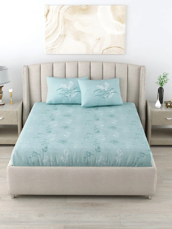 220 TC 100% Cotton Printed Bedsheet for Double Bed with 2 Pillow Covers ( Double / Single / King Size Bedsheet)  - Summer Bloom Blue