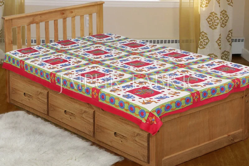 Red Base Blue elephant Brown Camel Block print  Single Bed Sheet