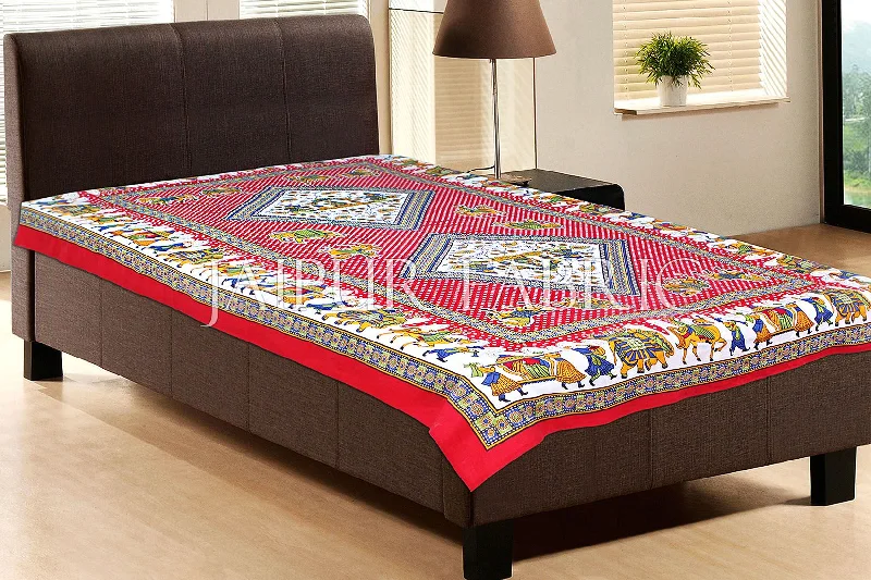 Red Base Jaipur doli design with elephant Print Single Bedsheet