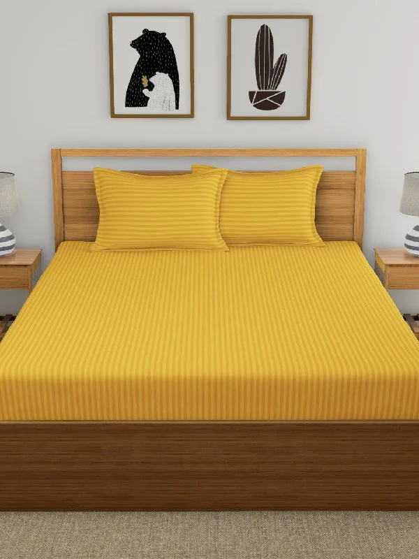 Regal 220 TC  Stripe Collection - 100 % Cotton Satin Bedsheet with pillow covers , Mustard Color