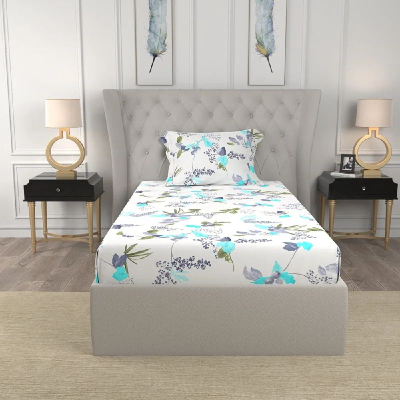 Regal Collection - Breathable 200 TC 100% Pure Cotton Single Bedsheet with Pillow Cover, Cherry Blossom- Blue