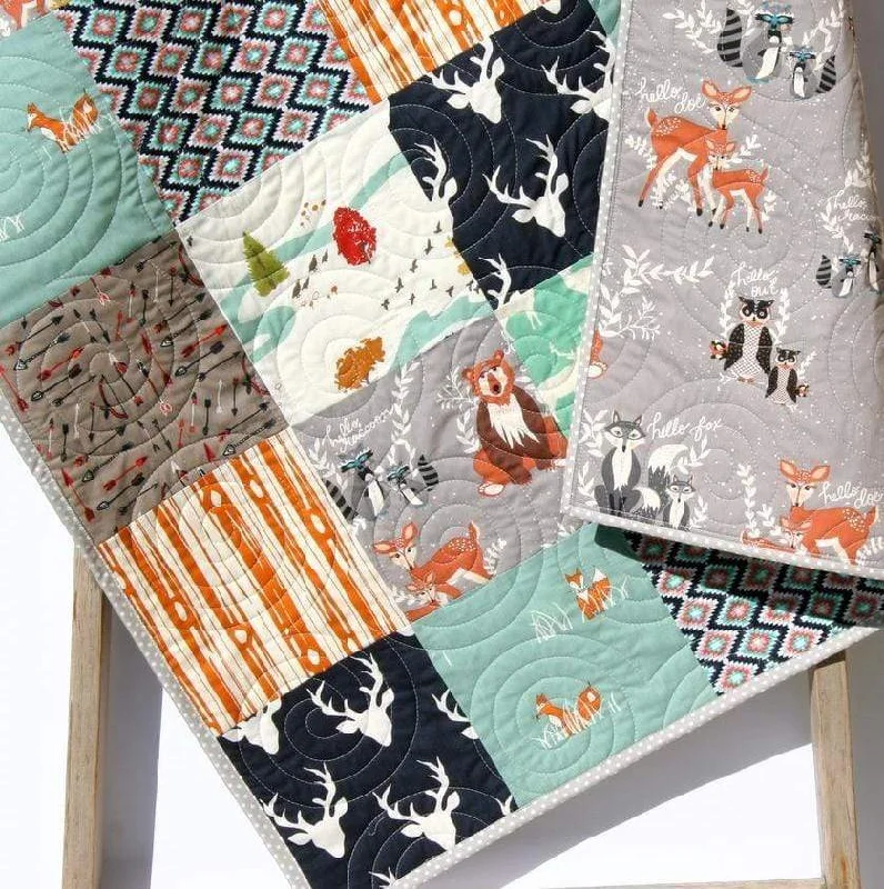 Rustic Baby Quilt, Nursery Bedding, Buck Deer Forest Animals, Personalize Monogram