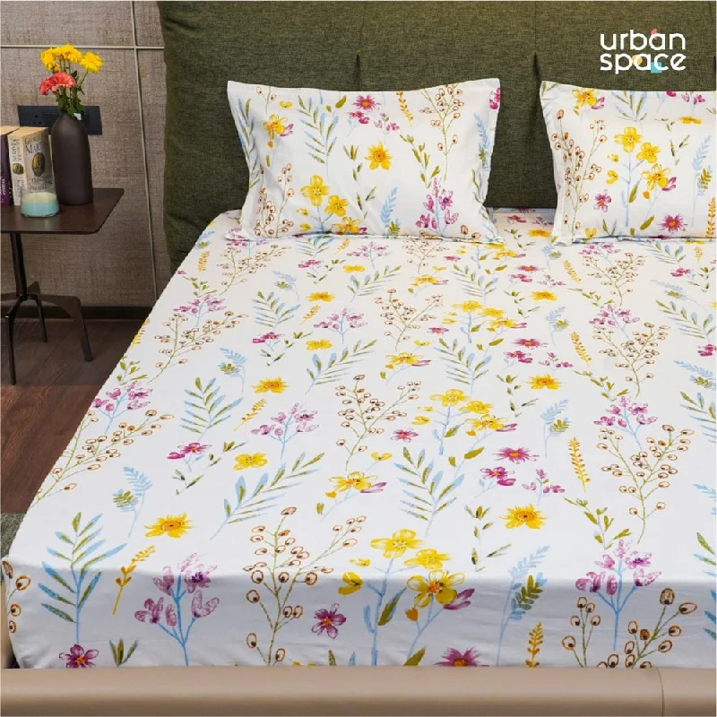 Serene Collection - Breathable 200 TC 100% Pure Cotton Single Bedsheet with Pillow Cover, France- Yellow