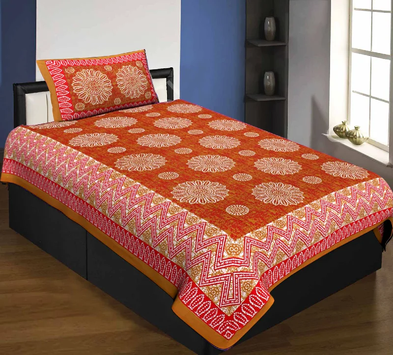 Single Bedsheet Pure Cotton Brown Border Flower Print Zig Zag Pattern