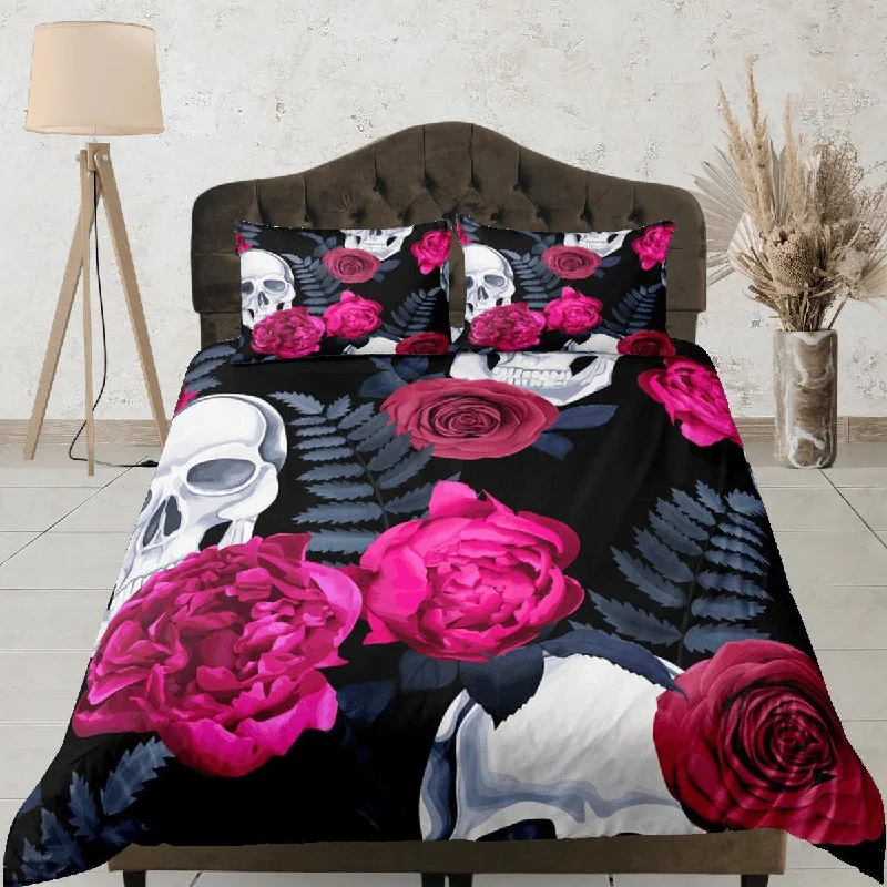 Skull and Roses Black Duvet Cover Set Gothic Bedspread Dorm Bedding with Pillowcase, Comforter Cover