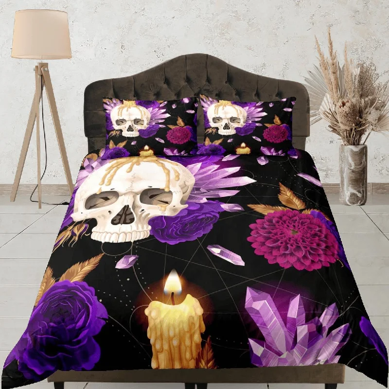 Skull and Roses Black Duvet Cover Set Purple Gothic Bedspread Dorm Bedding Pillowcase Comforter Cover