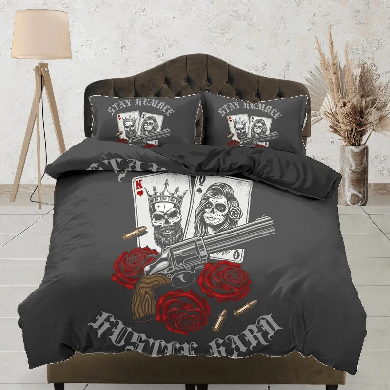 Skull Guns Roses Black Duvet Cover Set Gangster Bedspread Dorm Bedding, Pillowcase Comforter Cover