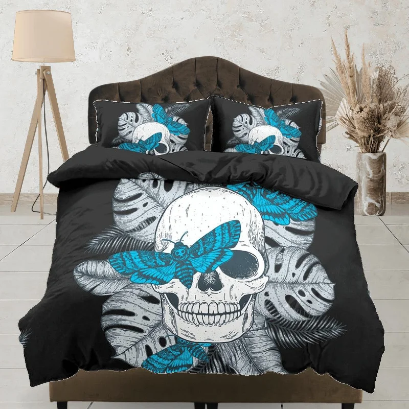 Skull & Moth Black Duvet Cover Set Bedspread, Dorm Bedding with Pillowcase